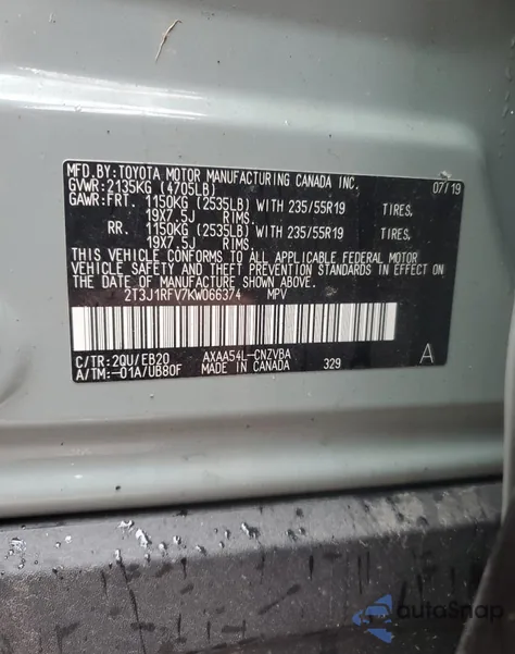 2019 Toyota Rav4 Adventure z USA, uszkodzony, nr VIN 2T3J1RFV7KW066374